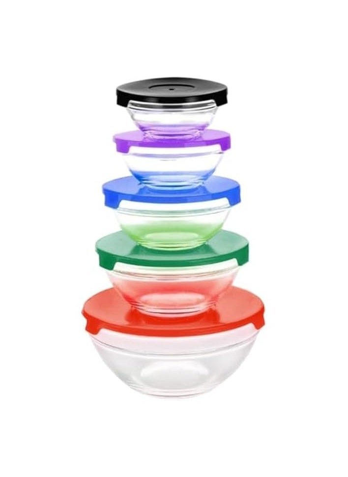 Glass Bowl 5Pcs Set with Colorful lids, Mixing bowls | Dinnerware Glass Bowl Set, Tableware Glass Bowl Set, Glass Bowl Serving Set, and Kitchen Storage Pack of 5 Glass Bowls with lids