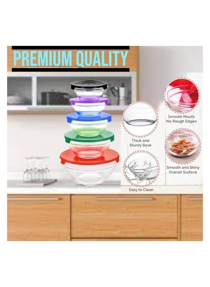 Glass Bowl 5Pcs Set with Colorful lids, Mixing bowls | Dinnerware Glass Bowl Set, Tableware Glass Bowl Set, Glass Bowl Serving Set, and Kitchen Storage Pack of 5 Glass Bowls with lids