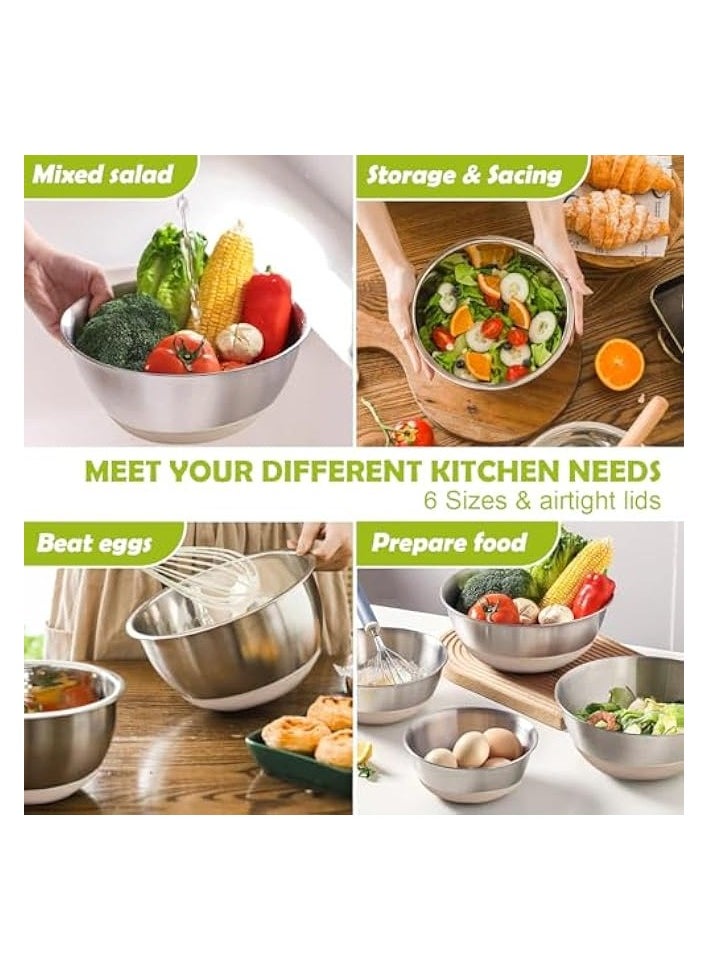 Stainless Steel Mixing Bowl Set with Airtight Lids, Non-Slip Base & Multi-Functional Colander, 3 Sizes (1.5, 2.5, 6 QT) for Baking, Cooking & Food Storage, Includes Grater Attachments