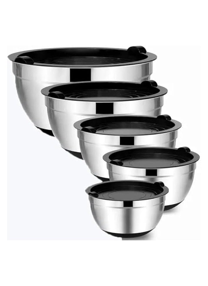 Stainless Steel Mixing Bowls (set of 5) with Airtight lids, Mixing Bowls Set Ideal for Baking, Prepping, Cooking and Serving Food, Nesting Metal Bowl for Space Saving Storage