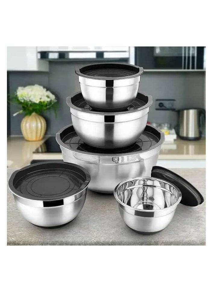 Stainless Steel Mixing Bowls (set of 5) with Airtight lids, Mixing Bowls Set Ideal for Baking, Prepping, Cooking and Serving Food, Nesting Metal Bowl for Space Saving Storage