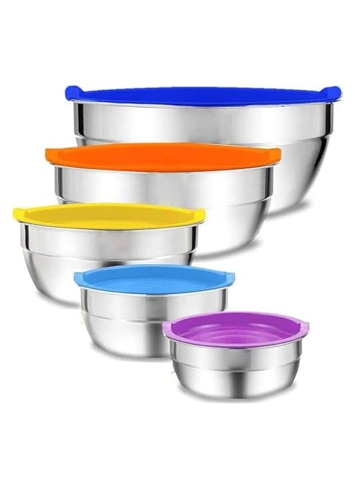 Mixing Bowls with Airtight Plastic Color Lids, 5 Stainless Steel Salad Bowls for Baking Cooking Space Saving Storage Food Prep