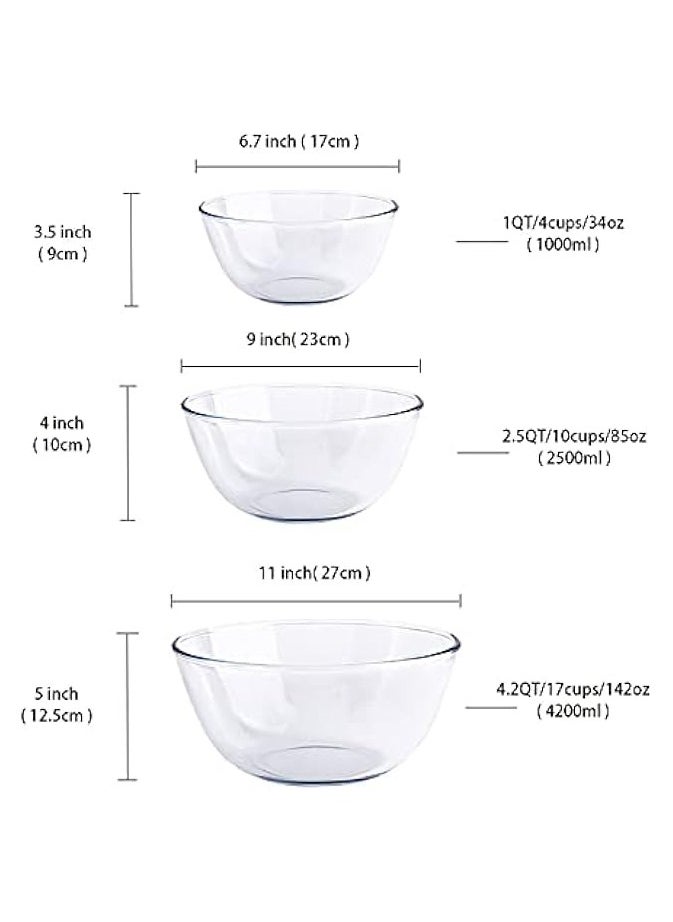 Glass Mixing Bowl Set for Baking 3-Piece Salad Bowl Set (1qt, 2.5qt, 4.2qt), High Brosilicate Large Bowls for Kitchen Prepping Serving and Storage, Microwave Dishwasher Oven Safe