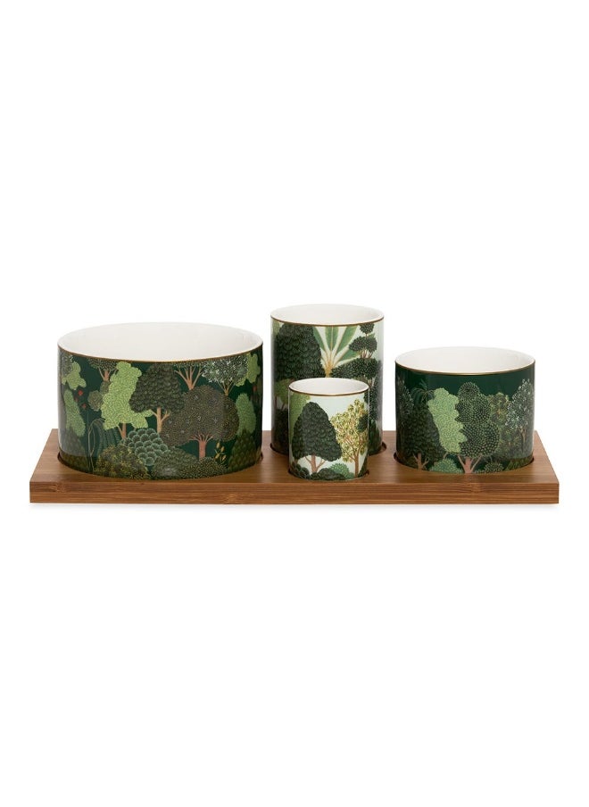 Woodli Bamboo Bowls Set With Tray, Green - 29X13Cm