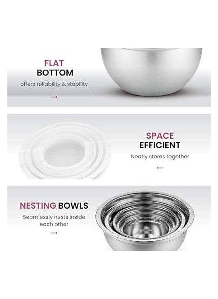 Mixing Bowls with Airtight Plastic Lids, 5 Stainless Steel Salad Bowls for Baking Cooking Space Saving Storage Food Prep