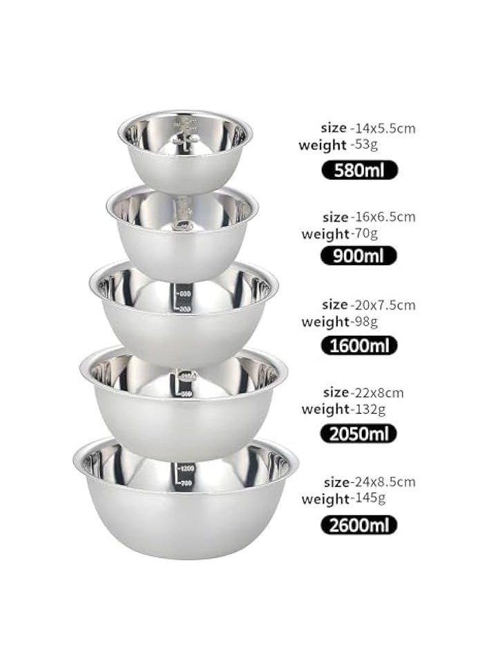 Stainless Steel Mixing Bowl Set, 5 Pcs Easy-grip Bowls for Kitchen, Premium Nesting Bowls for Space Saving Storage, Metal Mixing Bowl for for Cooking, Baking, Food Storage