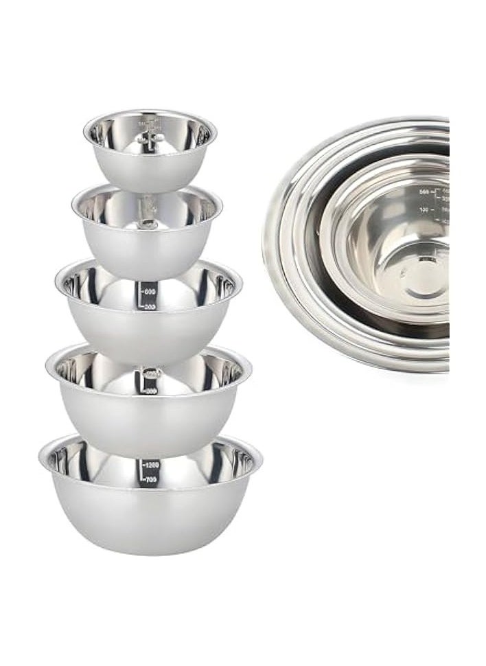 Stainless Steel Mixing Bowl Set, 5 Pcs Easy-grip Bowls for Kitchen, Premium Nesting Bowls for Space Saving Storage, Metal Mixing Bowl for for Cooking, Baking, Food Storage