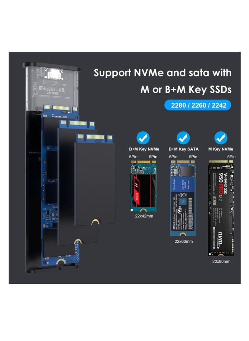 M.2 NVME SATA SSD Enclosure Aluminum Adapter, Hard Drive Enclosure, USB C Gen 2 NVME PCIe 10Gbps SATA M-Key/B+M Key External SSD Adapter, M.2 SSD Enclosure for 2230/2242/2260/2280, Support UASP Trim