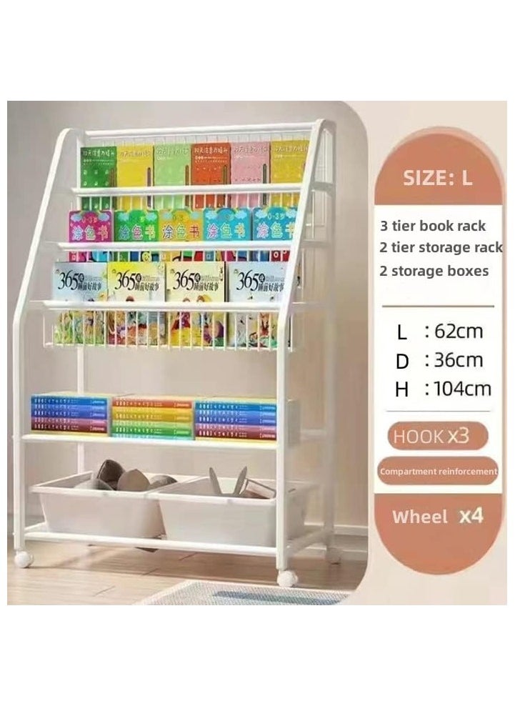 Kid Bookshelf Children's Book Rack Organizer Iron Children's Toy Storage Rack with 2 Storage Box for Playroom Bedroom Living Room