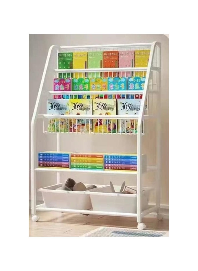 Kid Bookshelf Children's Book Rack Organizer Iron Children's Toy Storage Rack with 2 Storage Box for Playroom Bedroom Living Room