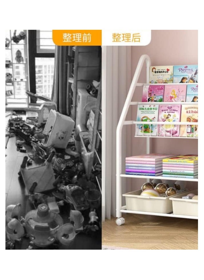 Kid Bookshelf Children's Book Rack Organizer Iron Children's Toy Storage Rack with 2 Storage Box for Playroom Bedroom Living Room