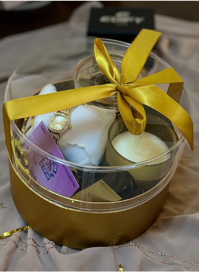 Golden Elegance Gift Basket : Watch, Perfume & Candle Delight for Her