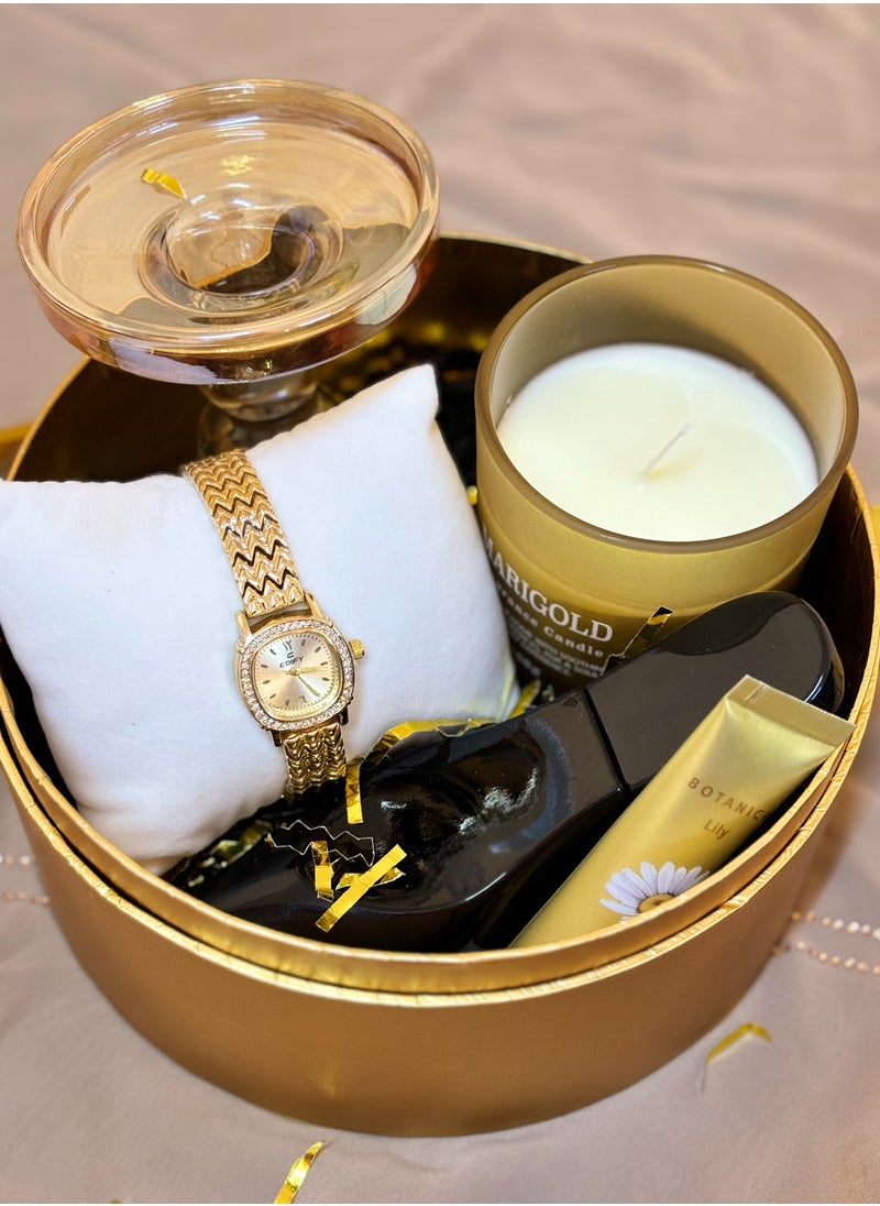 Golden Elegance Gift Basket : Watch, Perfume & Candle Delight for Her