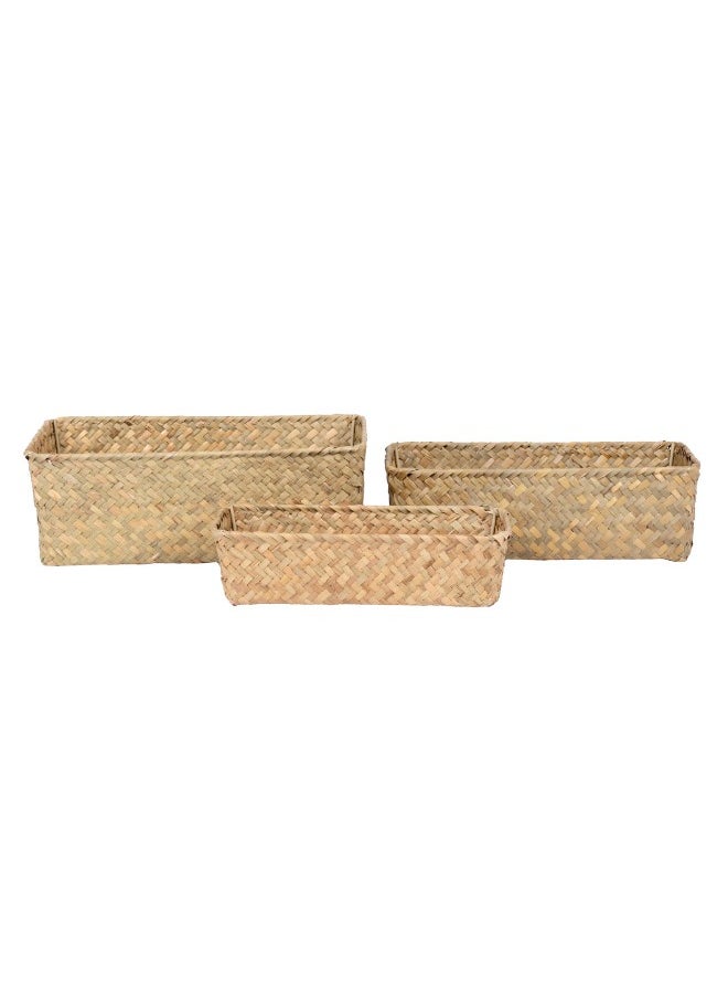 Compact Natural Seagrass Organizer Baskets – Set of 3 (30x16xH10cm, 27x13xH8cm, 24x10xH6cm) – Eco-Friendly Storage