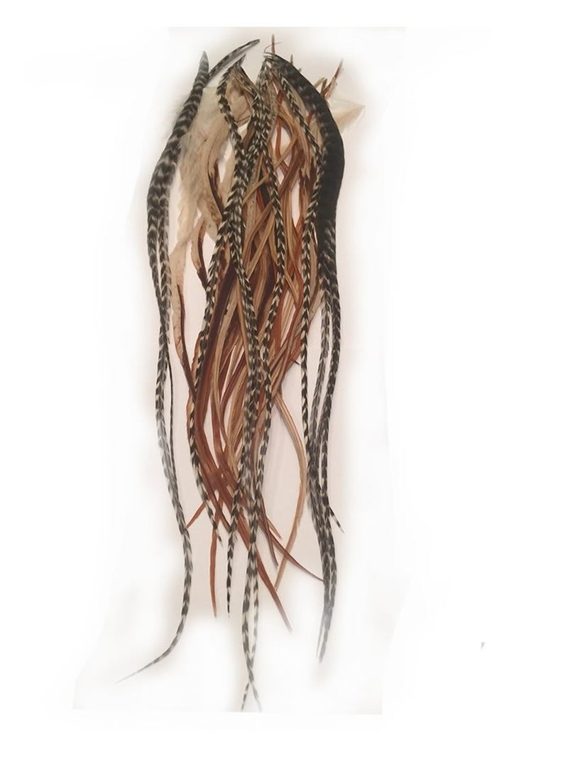 Sparkles Feather Hair Extension – 25 Loose Long Natural Rooster Feathers in Brown, Beige, and Grizzly, All Individual Feathers, Ranging From 6 to 11 Inches in Length