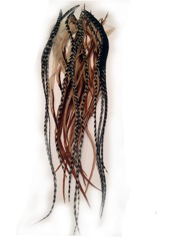 Sparkles Feather Hair Extension – 25 Loose Long Natural Rooster Feathers in Brown, Beige, and Grizzly, All Individual Feathers, Ranging From 6 to 11 Inches in Length