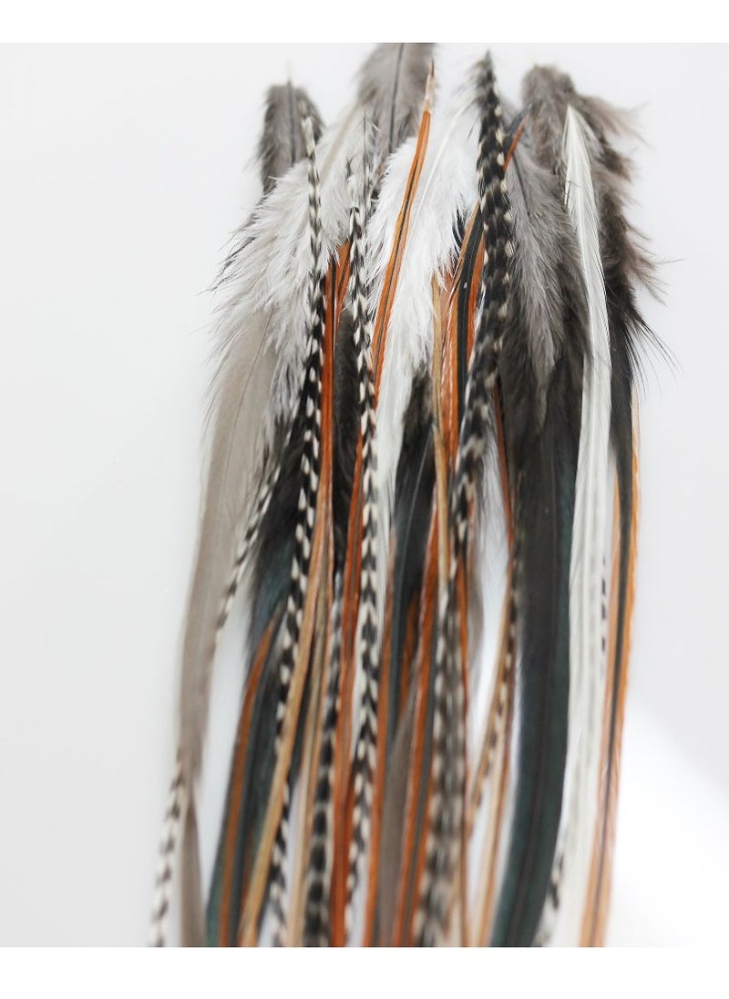 Feather Hair Extension – Natural Beige and Brown Feathers, All Individual Loose Feathers, Ranging From 8 to 12 Inches in Length, With a Total of 25 Feathers, Includes 10 Silicone Micro Beads