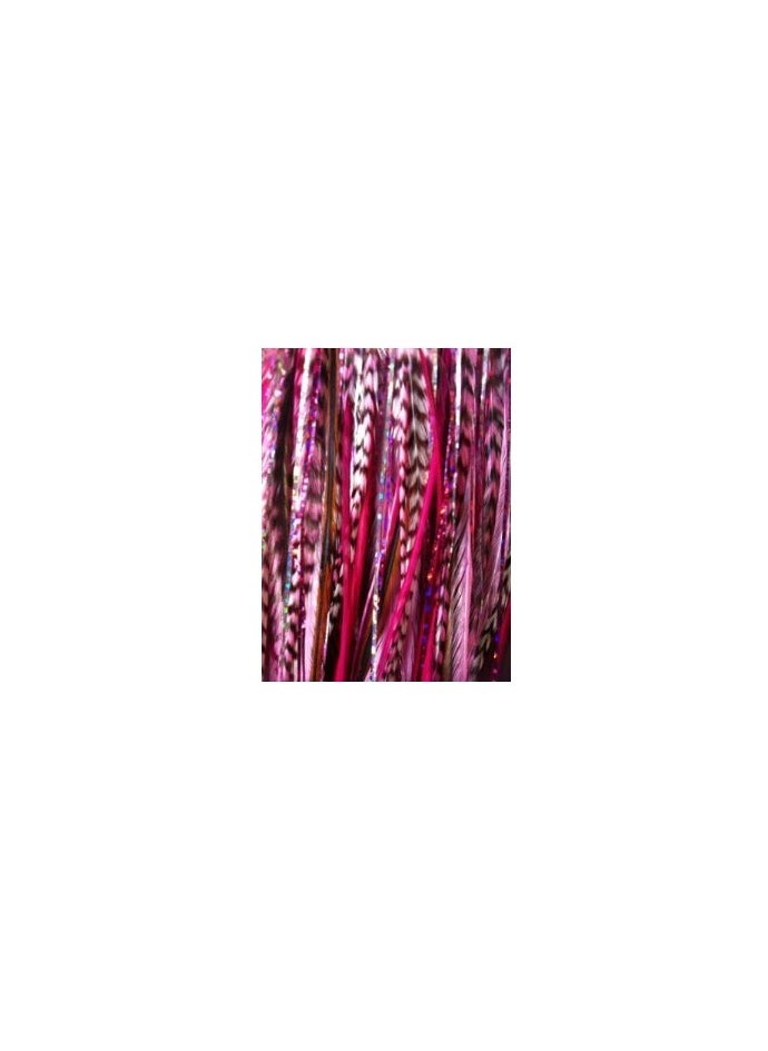 Feather Hair Extension – Pink Feathers With 2 Glitter Strands, All Bonded Together at the Tip, Ranging From 7 to 11 Inches in Length, With a Total of 5 Feathers