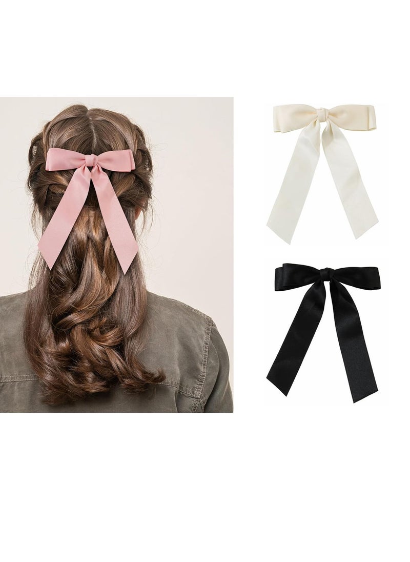 3pcs Ribbon bow Hair Clips Hair Accessories for girls and women in fashion style French barrette with Silky Satin (pink,white,black) for Thick or Thin hair