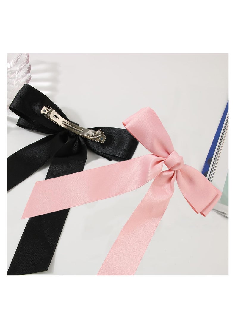 3pcs Ribbon bow Hair Clips Hair Accessories for girls and women in fashion style French barrette with Silky Satin (pink,white,black) for Thick or Thin hair