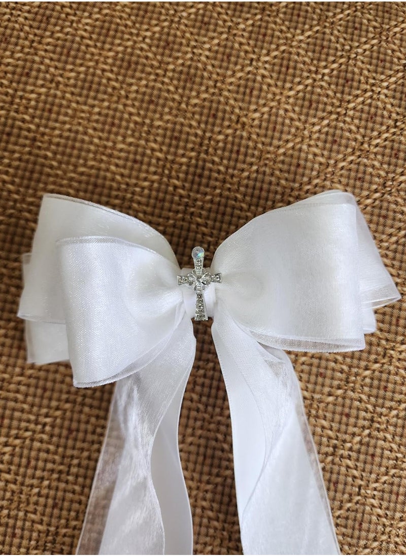 BowFancyFL First Communion Bow for Baptism White Bow for Girls