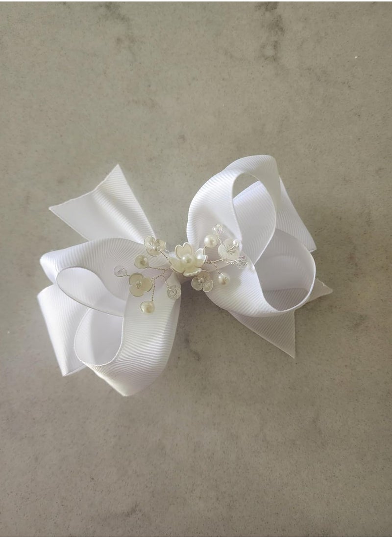 First Communion Hair Bows for Girls Pearl and grossgrain Materials White