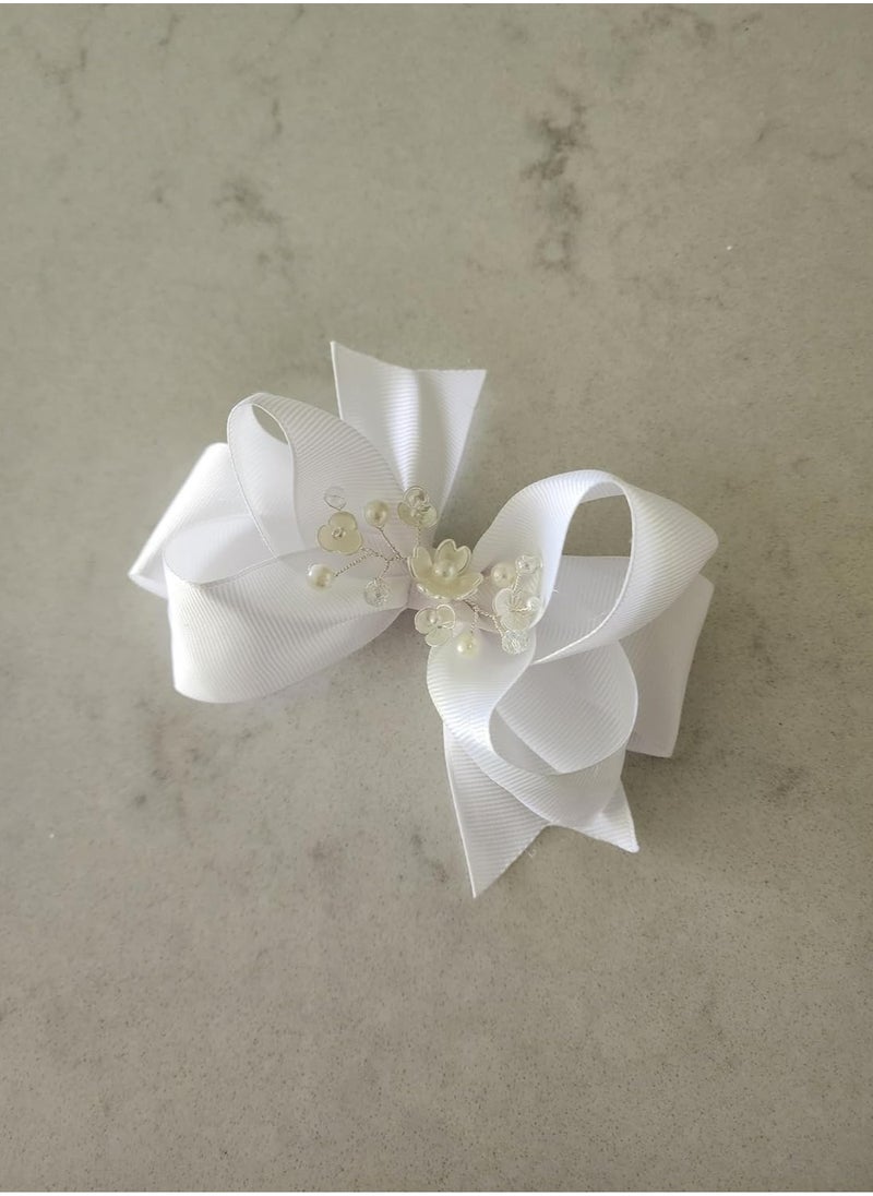 First Communion Hair Bows for Girls Pearl and grossgrain Materials White