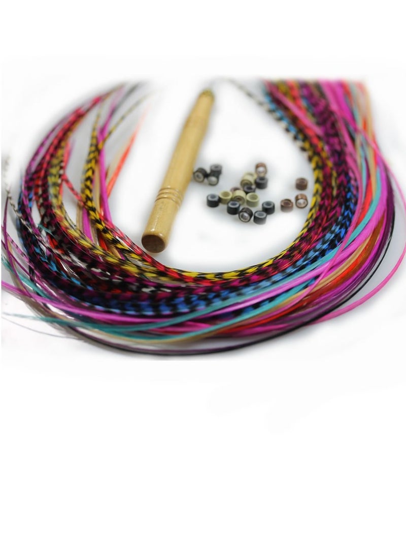 Feather Hair Extension – 100% Real Rooster Grizzly and Solid Feathers, Rainbow Colors Individual Feathers, Ranging From 8 to 11 Inches in Length, Total of 20 Feathers, Includes Beads and Loop Tool Kit