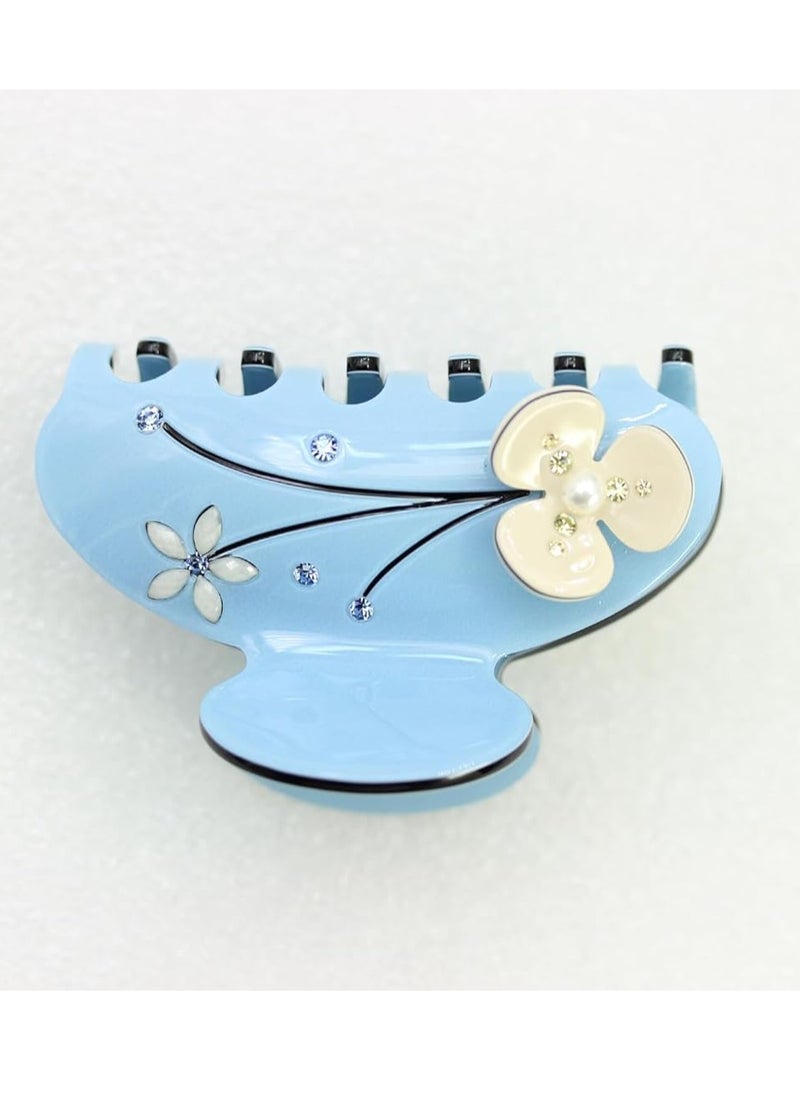 Faship Premium Rhinestone Crystal Dusty Blue Cellulose Acetate Floral Art Deco Hair Claws Clips
