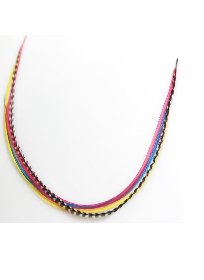 Feather Hair Extension – Yellow, Pink, Blue, and Grizzly Feathers, All Bonded Together at the Tip, Ranging From 7 to 10 Inches in Length, With a Total of 5 Feathers