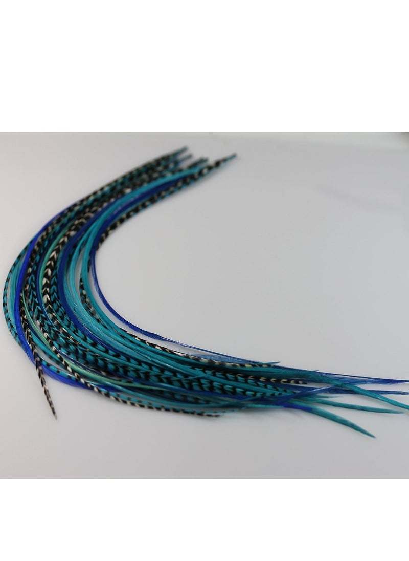 Feather Hair Extension – Ocean Blue and Aqua Grizzly Feathers, All Bonded Together at the Tip, With a Total of 5 Feathers, Ranging From 7 to 10 Inches in Length