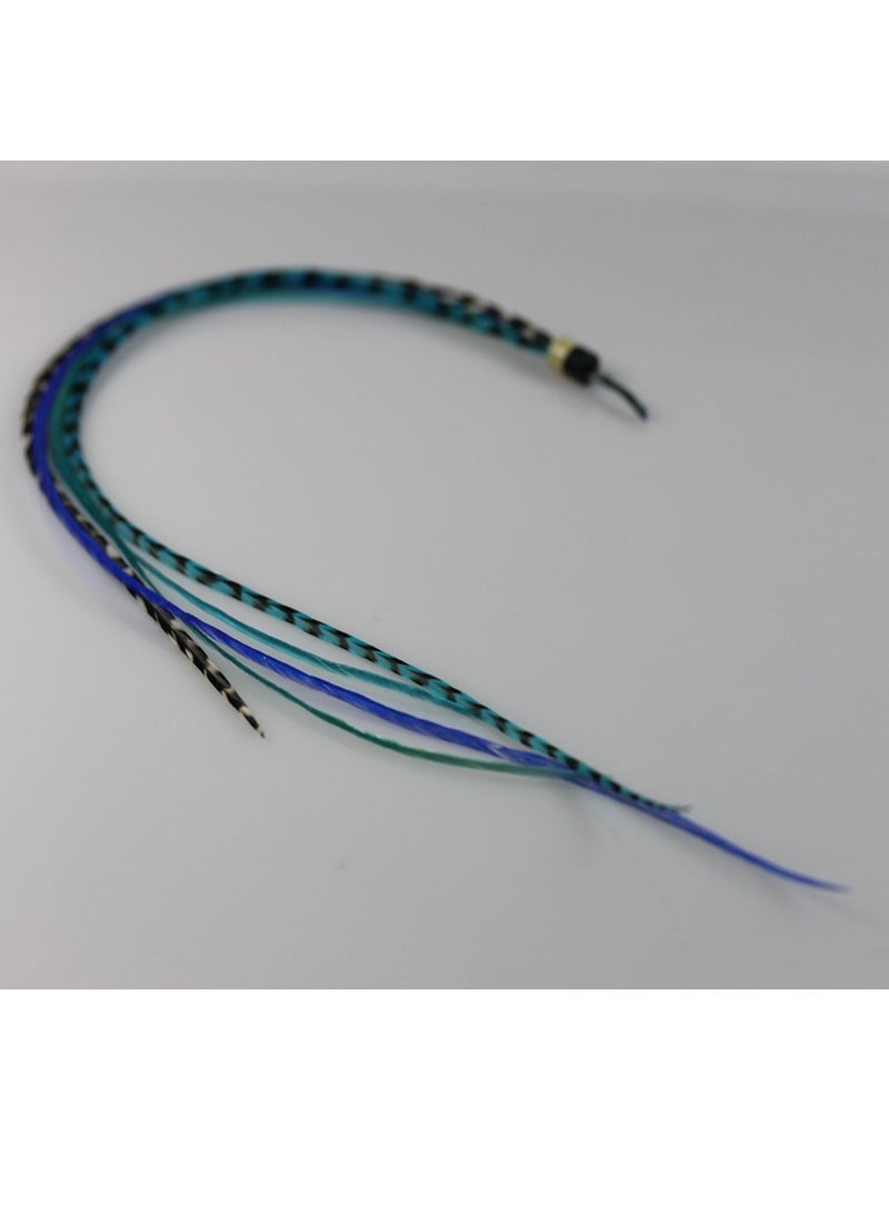 Feather Hair Extension – Ocean Blue and Aqua Grizzly Feathers, All Bonded Together at the Tip, With a Total of 5 Feathers, Ranging From 7 to 10 Inches in Length