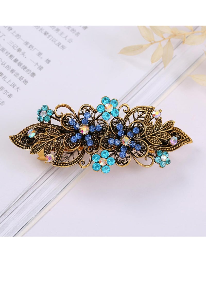 2pcs Hair Metal Barrettes with Rhinestone Hair Bronze Metal Spring Clips for French Hair Style for Women Girls (Blue+Champagne)