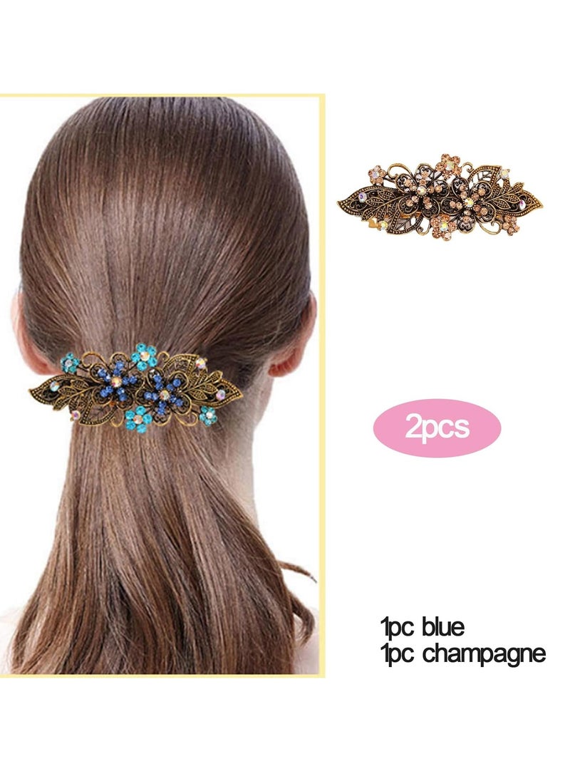 2pcs Hair Metal Barrettes with Rhinestone Hair Bronze Metal Spring Clips for French Hair Style for Women Girls (Blue+Champagne)