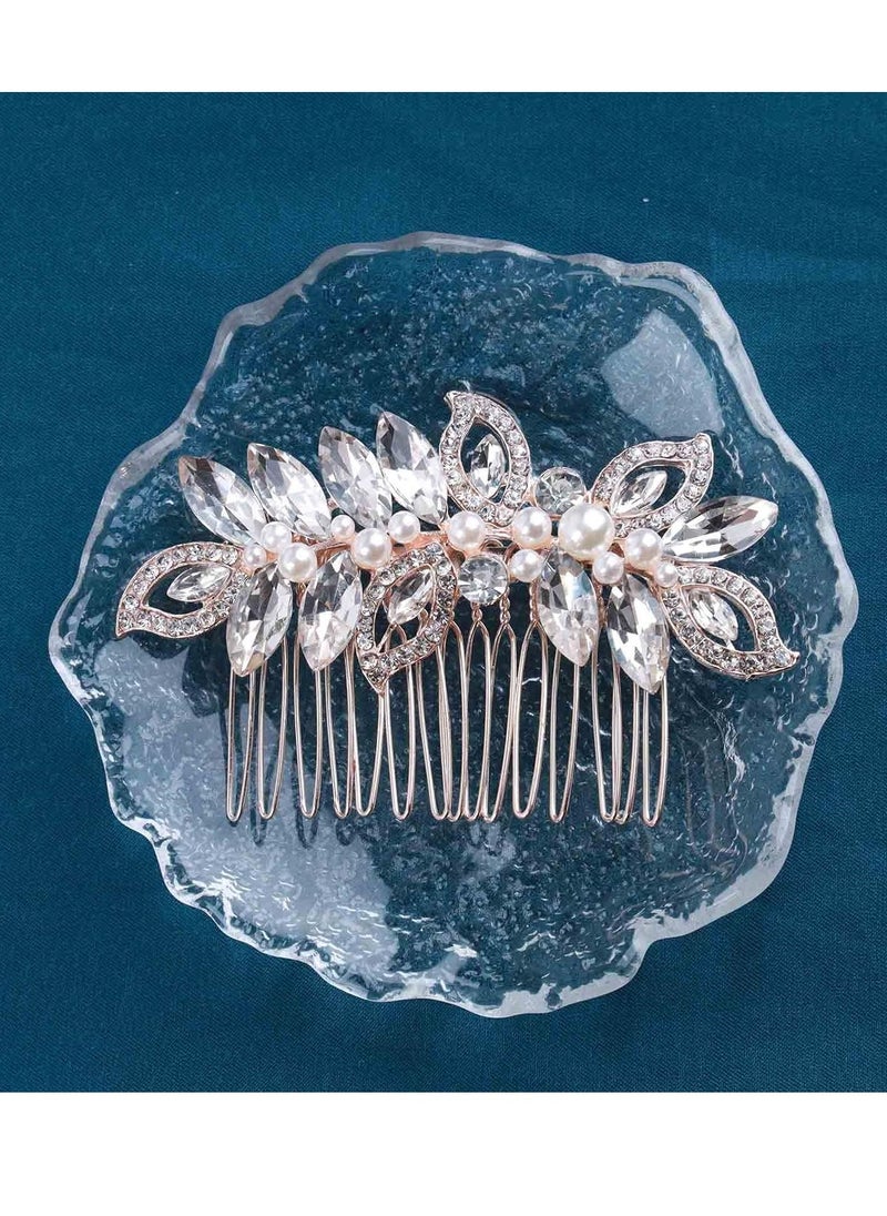 Crystal Pearl Wedding Hair Comb Barrette CZ Rhinestone Flower Hair Barrette Comb Gold Pearl Bling Bridal Headpieces Decorative Head Clip Headwear Bridal Hair Accessories for Women