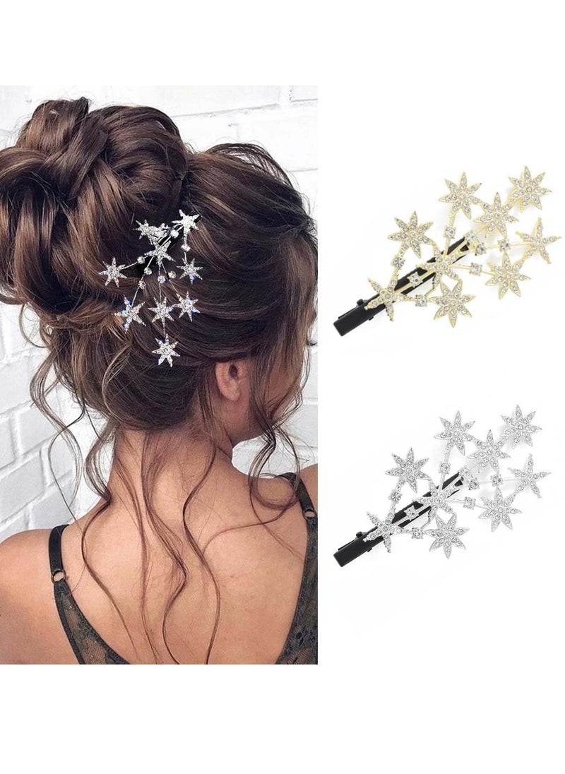 Bartosi Rhinestone Star Hair Clips Crystal Star Hair Clip Bride Wedding Hair Barrettes Sparkly Silver Hair Pins Bridal Decorative Hair Accessories for Women and Girls (Pack of 2)