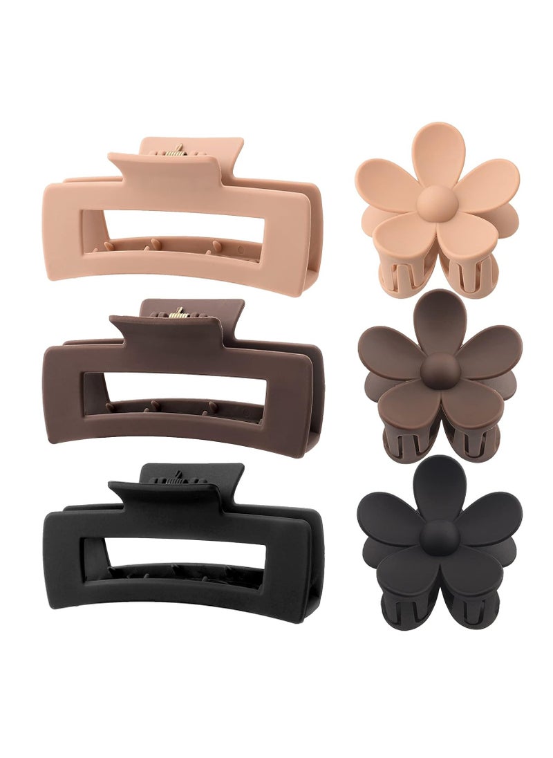 6 Pack 4.1 Inche Large Rectangle Hair Claw Clips Matte Flower Hair Clips, for Women Thin Thick Curly Hair, Neutral Colors