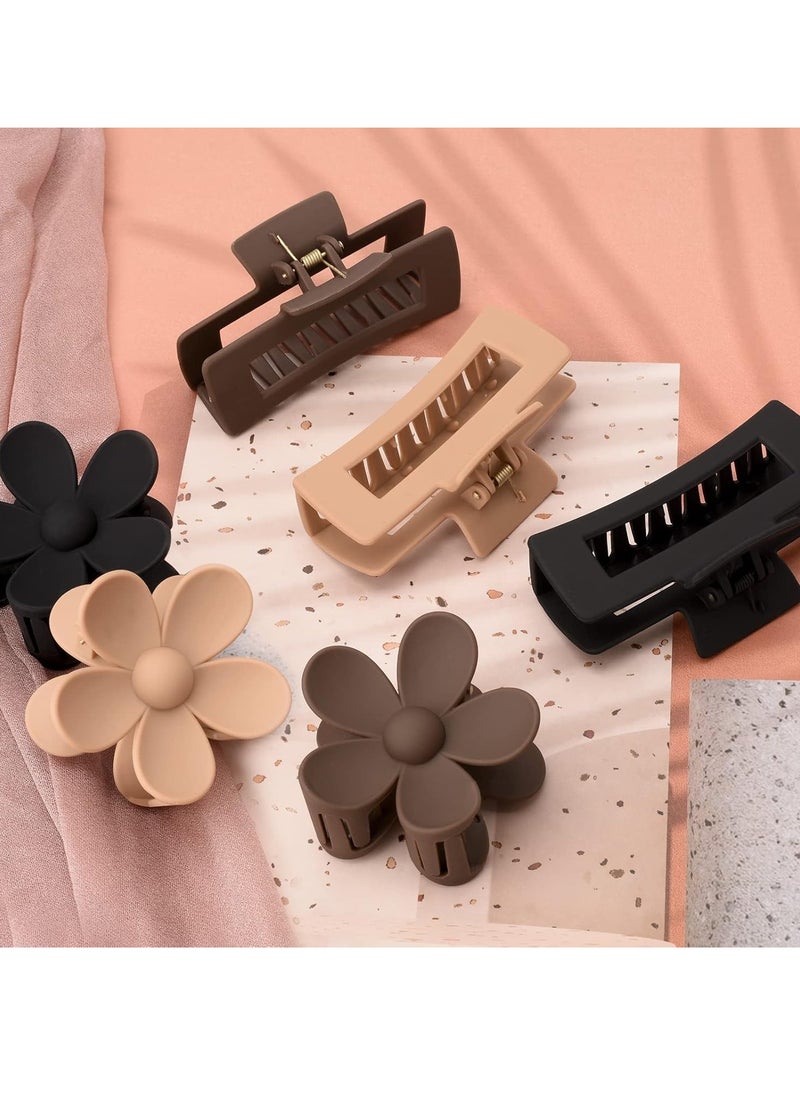 6 Pack 4.1 Inche Large Rectangle Hair Claw Clips Matte Flower Hair Clips, for Women Thin Thick Curly Hair, Neutral Colors