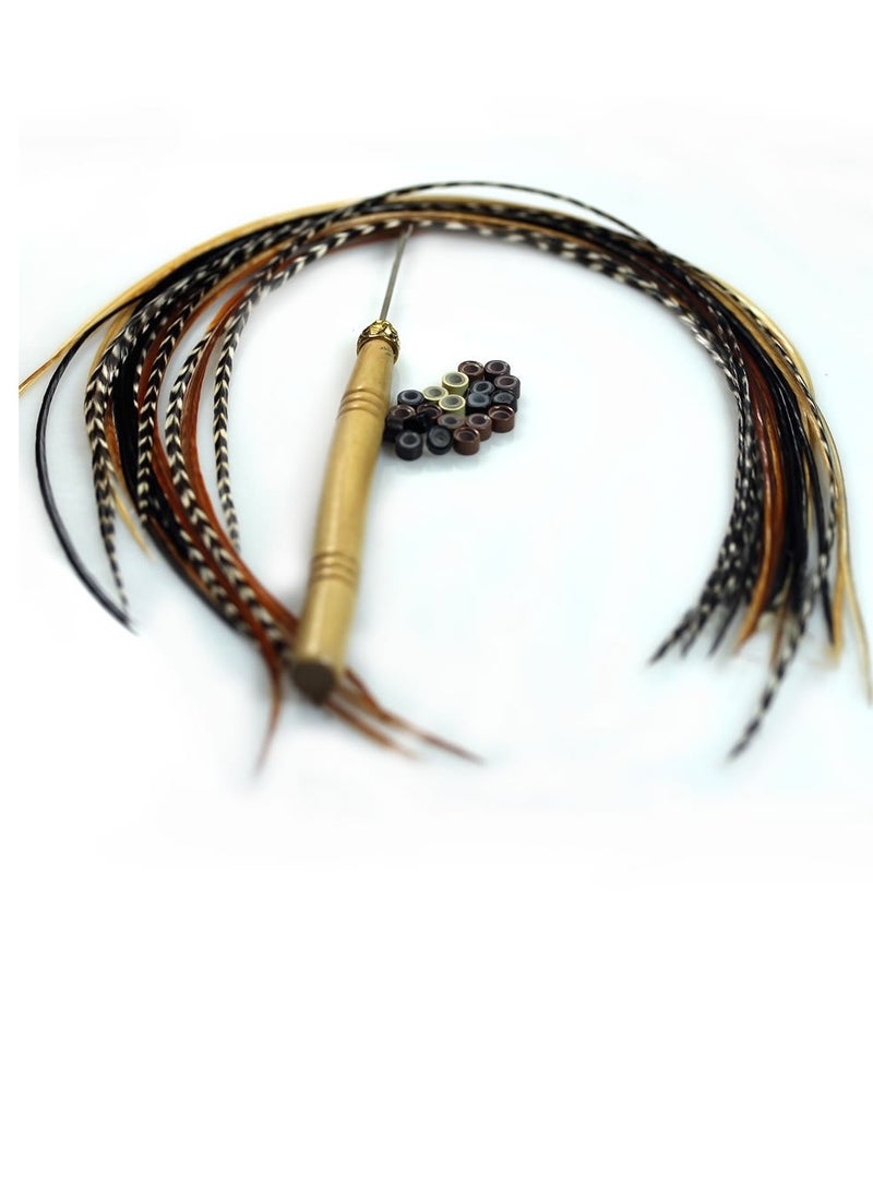 Feather Hair Extension – Grizzly and Solid Colored Feathers, All Individual Feathers, Ranging From 8 to 11 Inches in Length, With a Total of 20 Real Feathers, Includes Beads and Loop Tool Kit