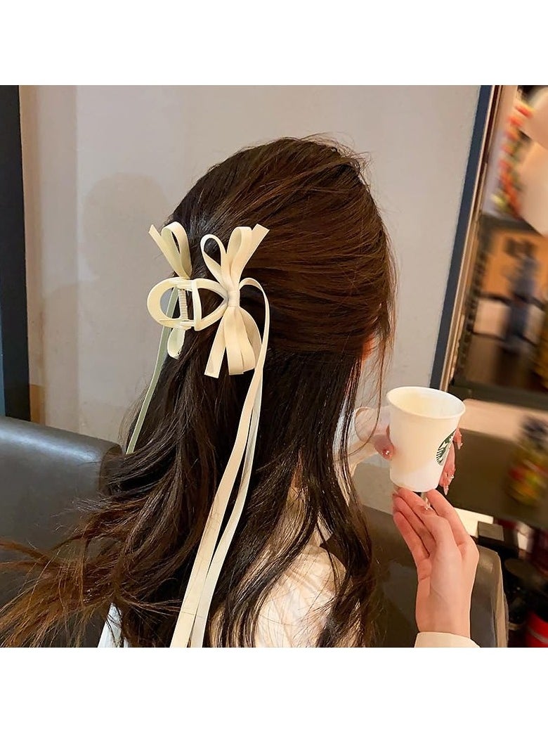 Bow Claw Clip with Long Tail Bowknot Hair Clip with Long Tassel Ribbon Claw Clips for Thick Thin Hair Bows Clips for Women Girls White Bow Knot Hair Accessories for Women Girls