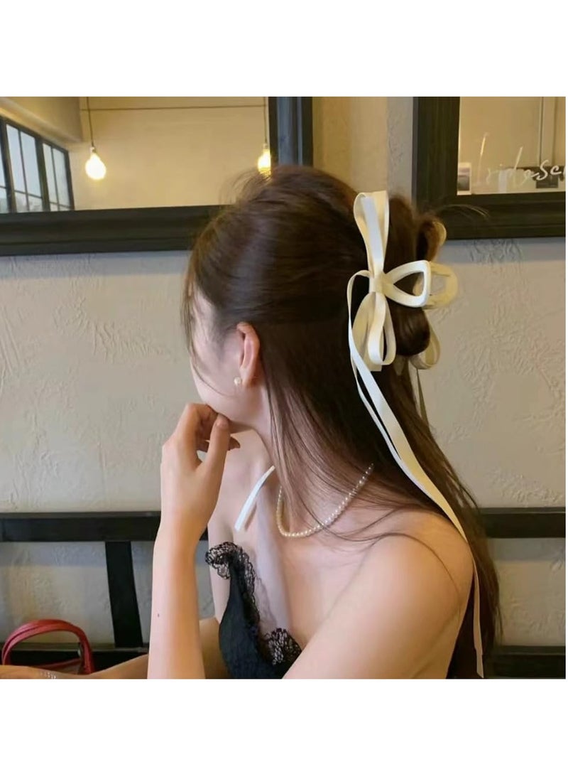 Bow Claw Clip with Long Tail Bowknot Hair Clip with Long Tassel Ribbon Claw Clips for Thick Thin Hair Bows Clips for Women Girls White Bow Knot Hair Accessories for Women Girls