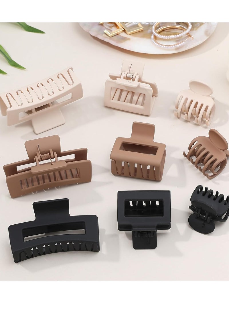Medium Claw Hair Clips Set for Women - 3 Styles, 9 pcs Rectangle Clips for Thick Hair, Square Clips for Thin Hair - Brown