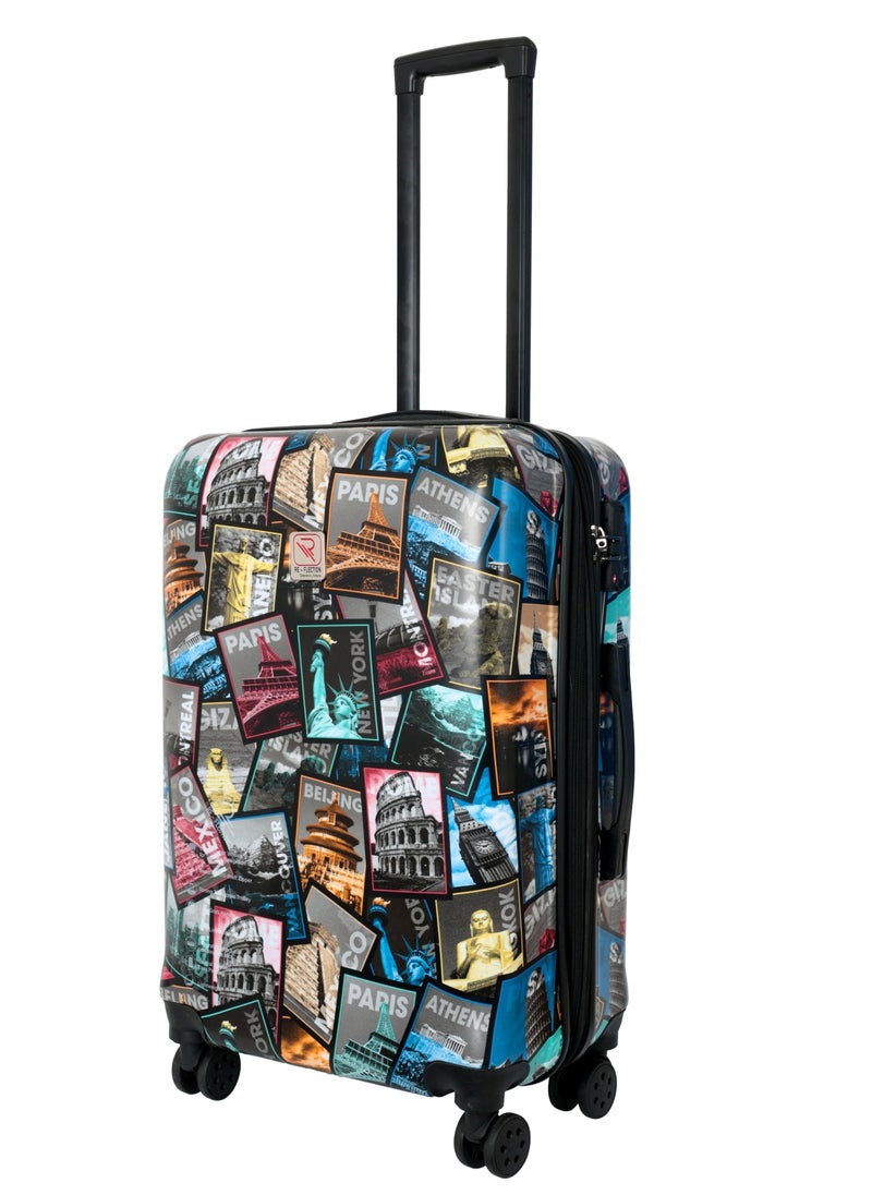 Reflection 24 Inch ABS and Polycarbonate Suitcase Lightweight Hardside World Map Print Series Travel Luggage Trolley with 84L Storage Capacity 4 Spinner Wheels and TSA Lock Multicolour