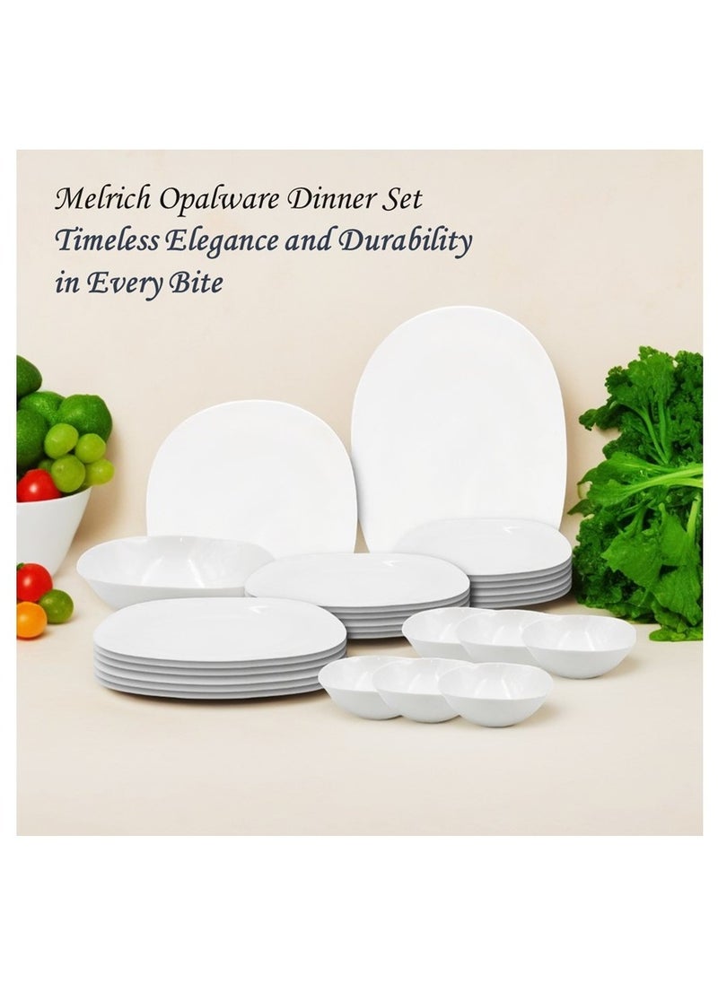 Melrich 26 Pcs Opal ware Dinner Set 6 Dinner plate 6 Dessert Plate 6 Soup plate 6 Bowl 1 Oval Plate 1 Serving Bowl Dishwasher safe Microwave Safe