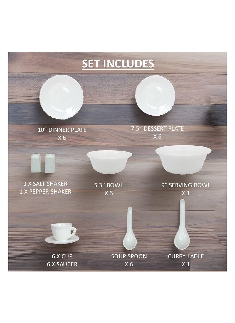 Melrich 40 Piece Opalware Dinner Set 6 Dinner Plate 6 Dessert Plate 6 Bowls 6 Soup Spoon 6 Cup 6 Saucer 1 Saltshaker 1 Pepper Shaker 1 Curry Ladle1 Serving Bowl