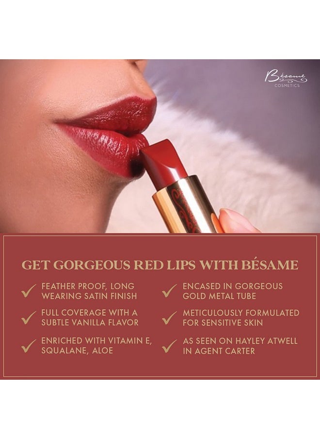 Besame Red Lipstick 1920 Vintage Shade, Cool & Bright Strawberry Red With Blue Undertone, With Moisturizing Vitamin E, Satin Finish, Long-Lasting Lip-Stick Color, Blot For Matte Effect Or Lip Stain