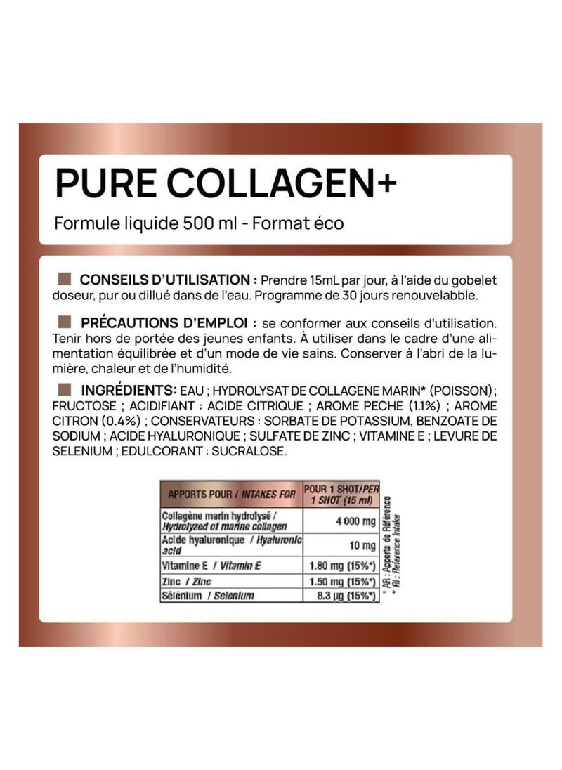 Pure Collagen + Liquid Formula, 4,000mg Marine Collagen, Hyaluronic Acid, Vitamin E & Selenium, Peach Lemon Flavor, 500ml