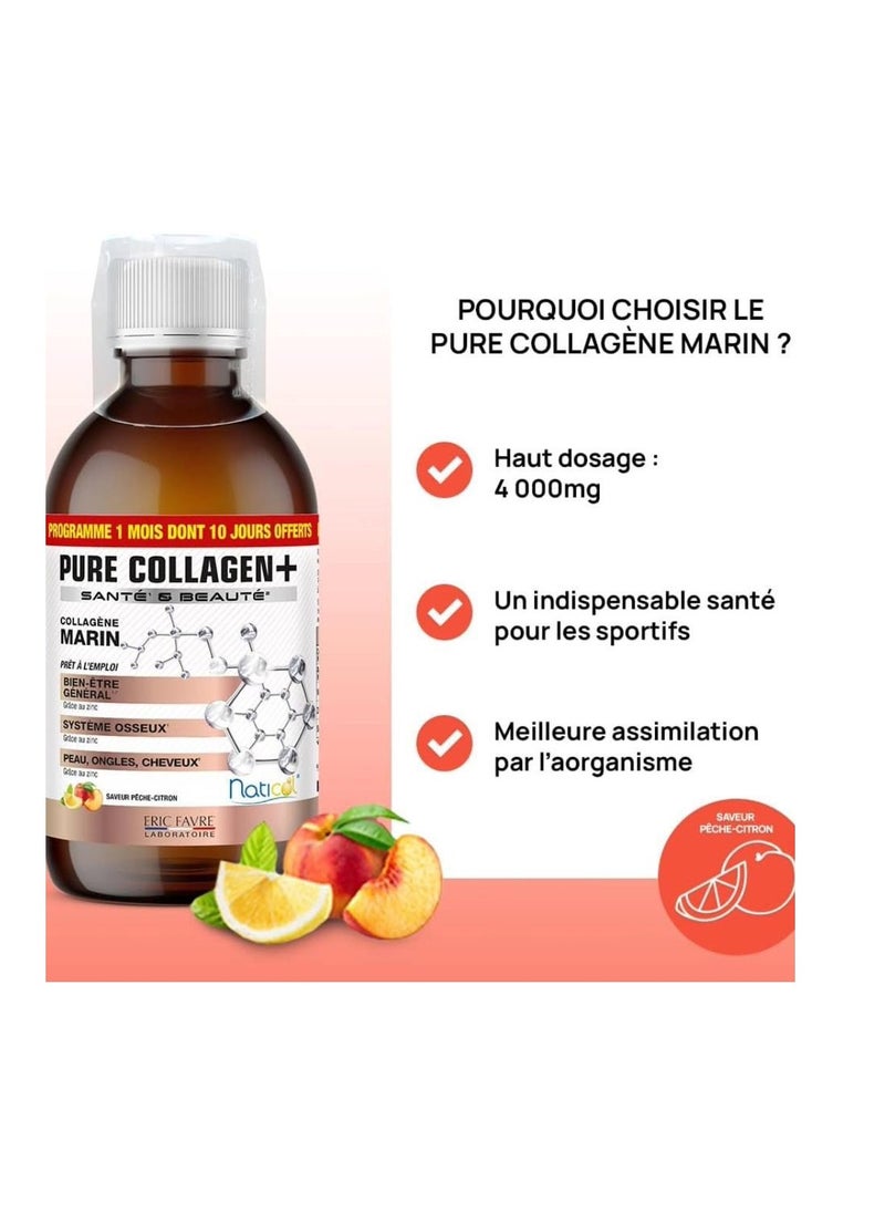 Pure Collagen + Liquid Formula, 4,000mg Marine Collagen, Hyaluronic Acid, Vitamin E & Selenium, Peach Lemon Flavor, 500ml