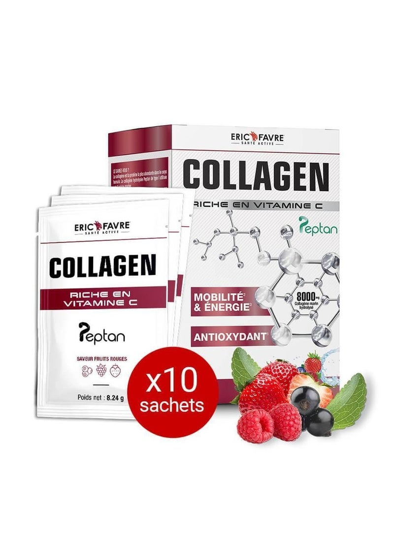 Collagen Enriched with Vitamin C – Boost Mobility, Energy & Antioxidant Support, Marine Collagen Peptides, Red Fruit Flavor, 10 Sachets