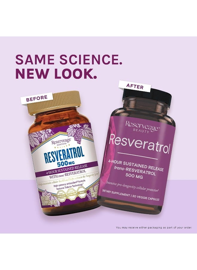 Reserveage Beauty Resveratrol 500Mg 4-Hours Sustained Release Trans-Resveratrol For Intensive Pro-Longevity Cellular Protection Gluten Free Vegan 60 Veggie Capsules